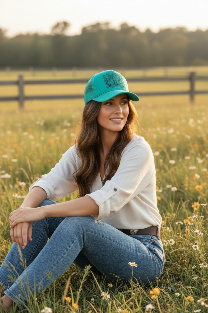 Turquoise Trucker Hat with Flower Print