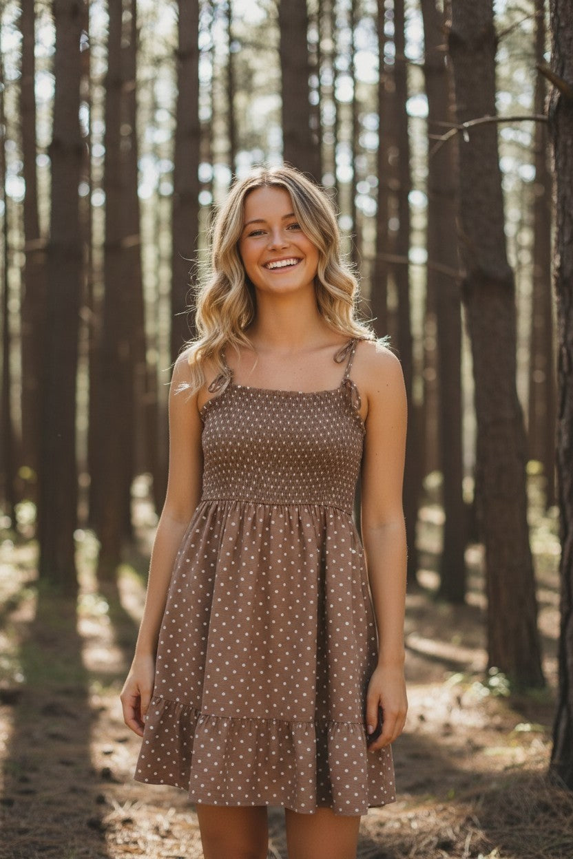 Strapless Blu Pepper Brown with White Polka Dots Summer Dress