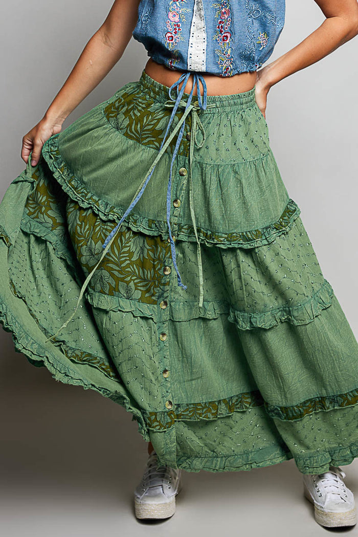 Tiered Patchwork Ruffle Maxi Skirt