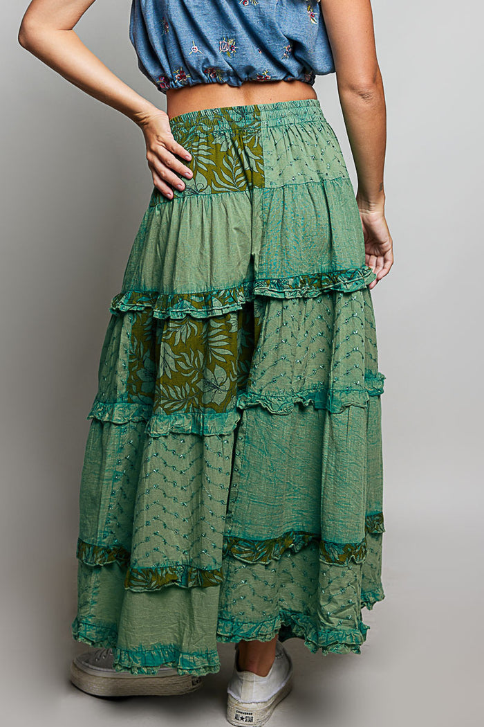 Tiered Patchwork Ruffle Maxi Skirt