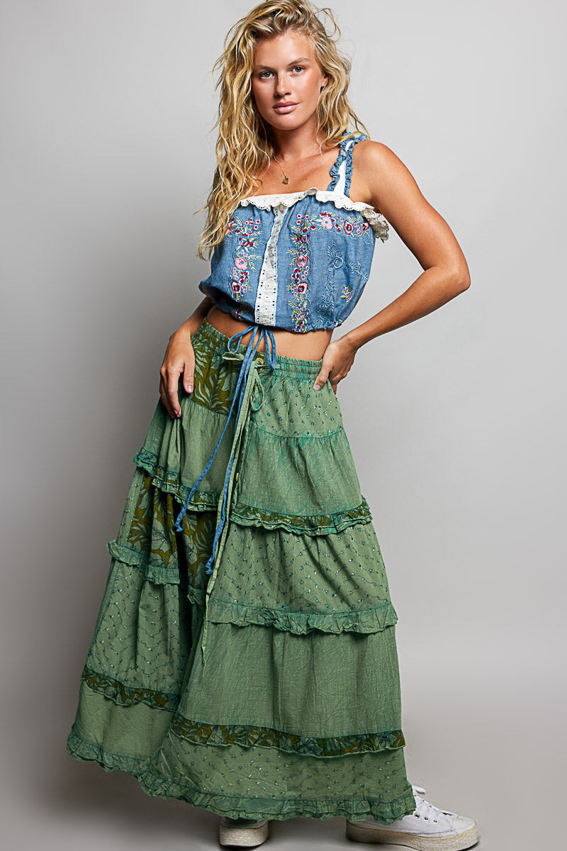Tiered Patchwork Ruffle Maxi Skirt