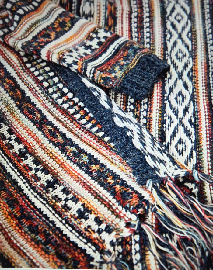 Tribal Stripe Cardigan with Fringe & Hood