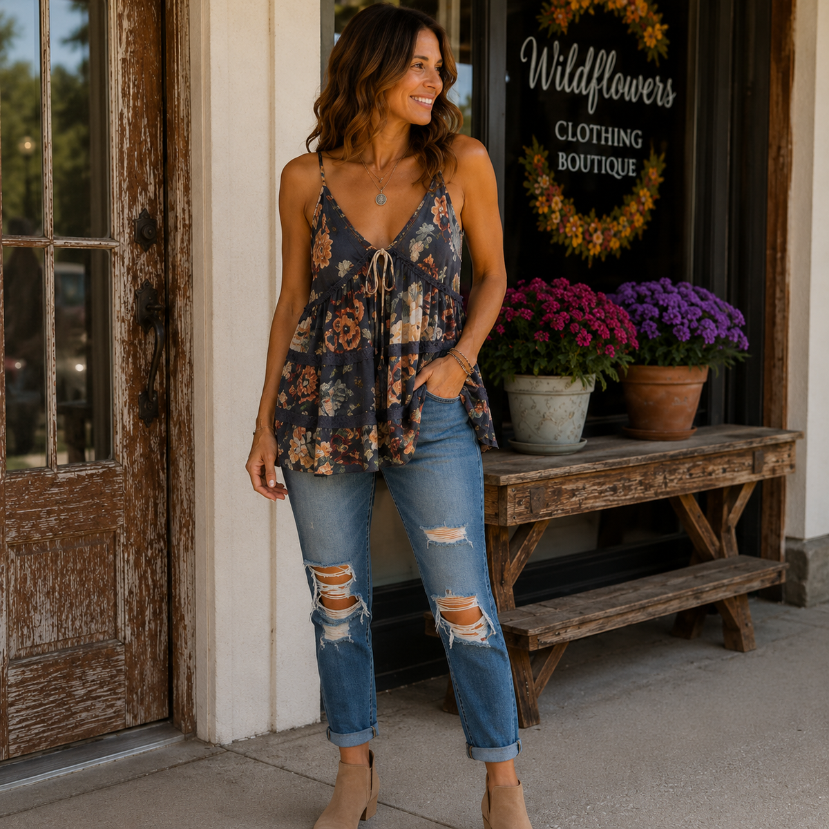 A woman stands on a storefront sidewalk wearing a sleeveless floral camisole top with a tie neckline and distressed blue jeans. The shop window behind her reads Wildflowers Clothing Boutique, with a wooden bench and potted flowers beside it.