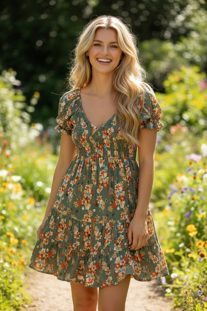 Green Floral Bodice Short Sleeve Dress