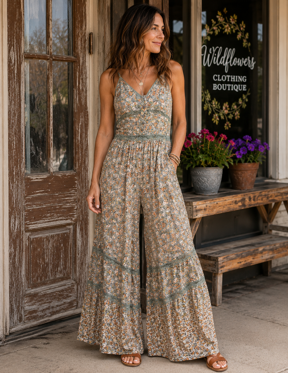 A woman stands on a storefront porch wearing a sleeveless, wide-leg floral jumpsuit with a V-neckline. The jumpsuit has a beige base with small multicolored floral print and muted sage green trim.