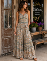A woman stands on a storefront porch wearing a sleeveless, wide-leg floral jumpsuit with a V-neckline. The jumpsuit has a beige base with small multicolored floral print and muted sage green trim.