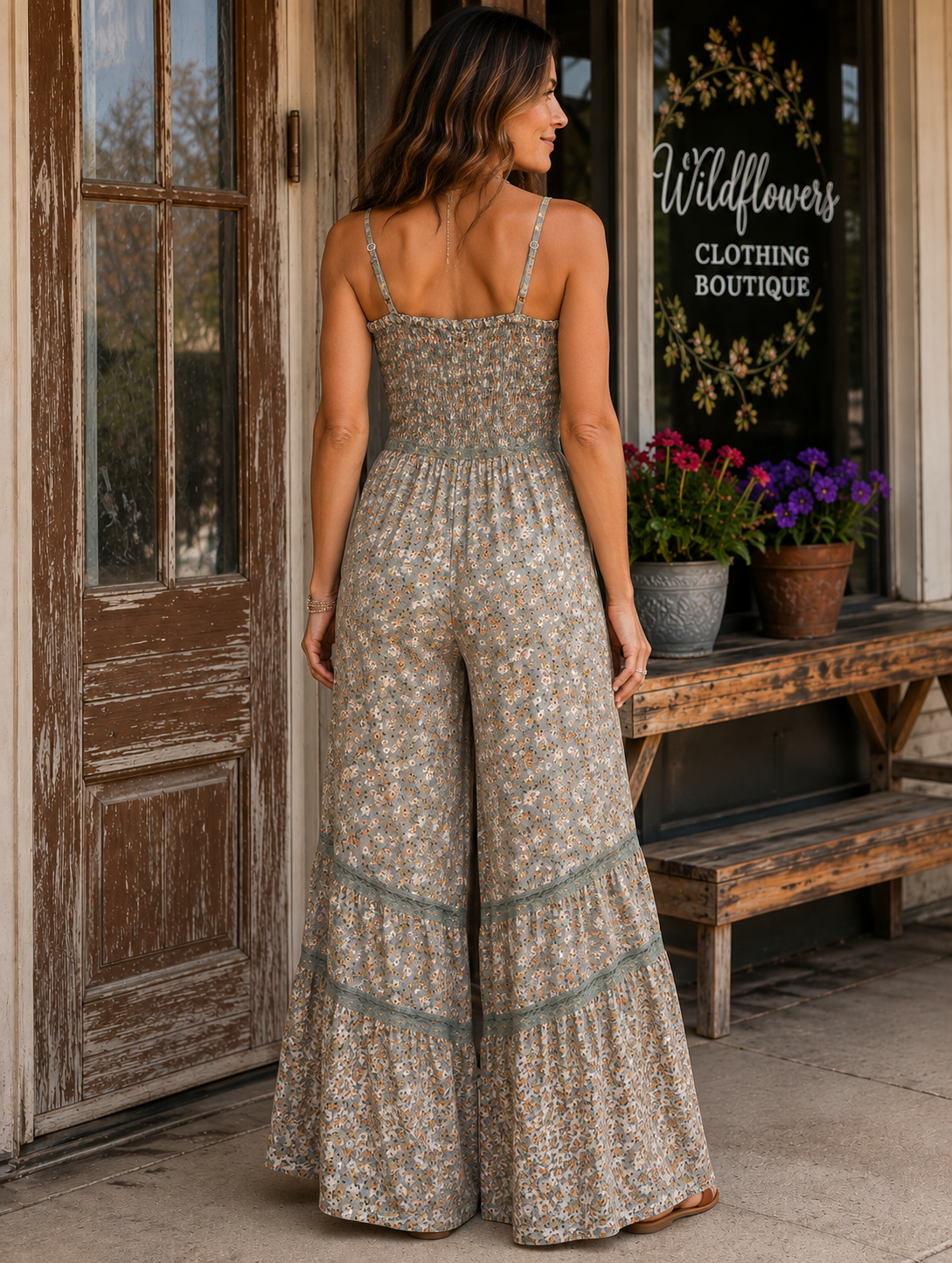A woman stands outdoors in front of a rustic storefront wearing a sleeveless, wide-leg jumpsuit with a small floral print. The jumpsuit has thin straps, a smocked bodice, and tiered flared lower sections with teal-green trim.