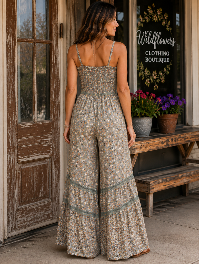 A woman stands outdoors in front of a rustic storefront wearing a sleeveless, wide-leg jumpsuit with a small floral print. The jumpsuit has thin straps, a smocked bodice, and tiered flared lower sections with teal-green trim.