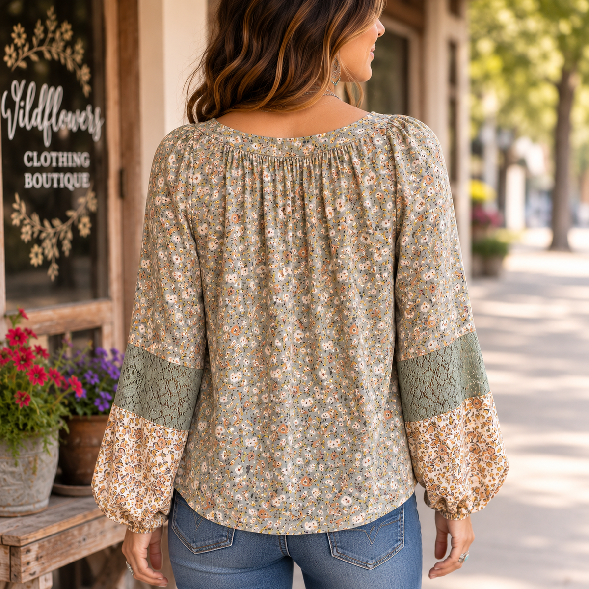 A woman viewed from behind wearing a long-sleeve blouse with a dense small floral print in muted green, beige, and orange tones, paired with blue jeans, standing on a sunny street in front of a boutique.