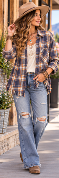 A woman wearing a brown and blue plaid flannel shirt with fringe, light-wash distressed jeans, a beige wide-brim hat, and brown boots, walking outdoors on a wooden boardwalk.