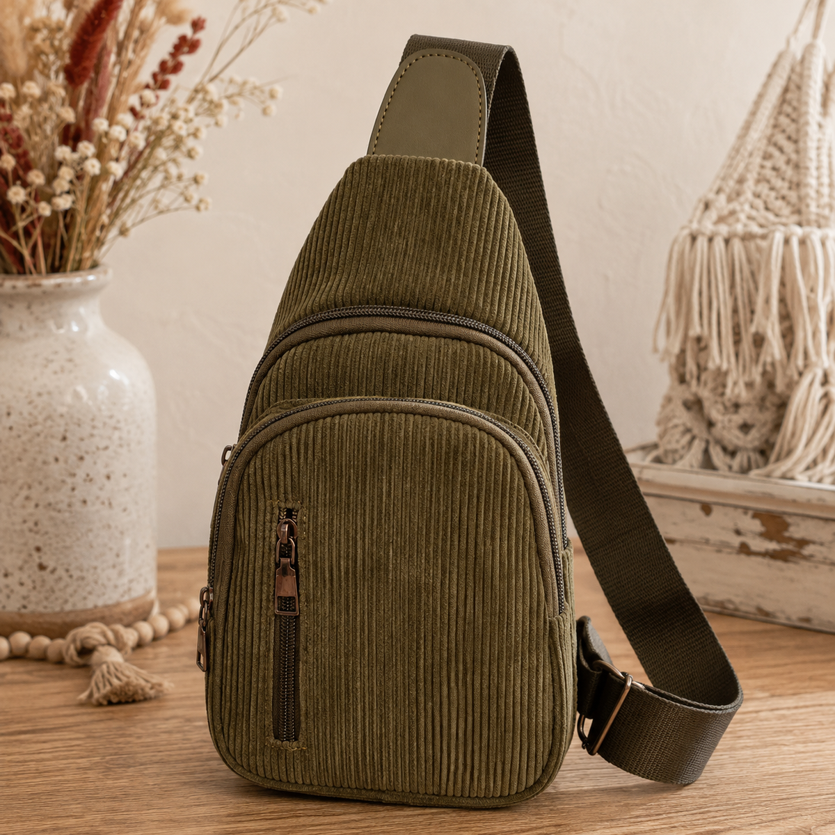 An olive green corduroy sling bag with a matching adjustable shoulder strap, displayed on a wooden surface with boho-style decorative props including a ceramic vase with dried flowers and a macrame wall hanging.