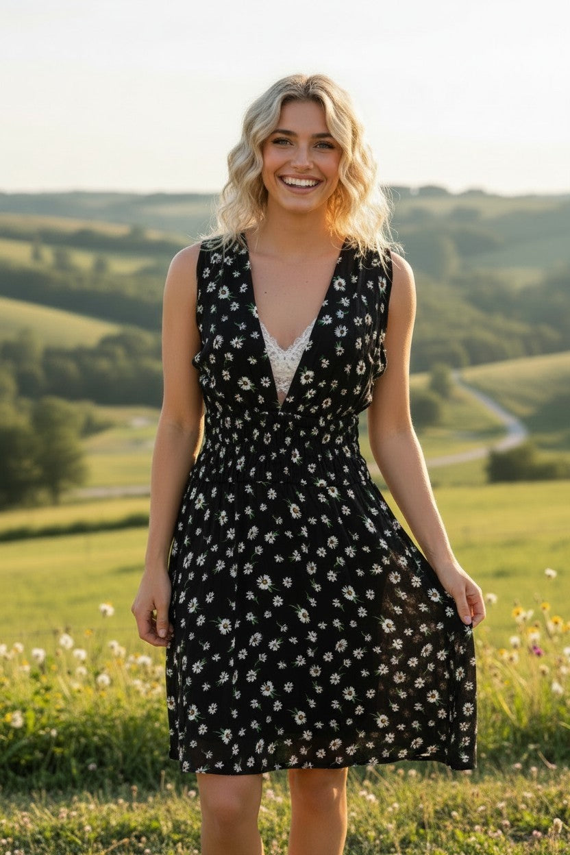 Black Daisy Print Dress