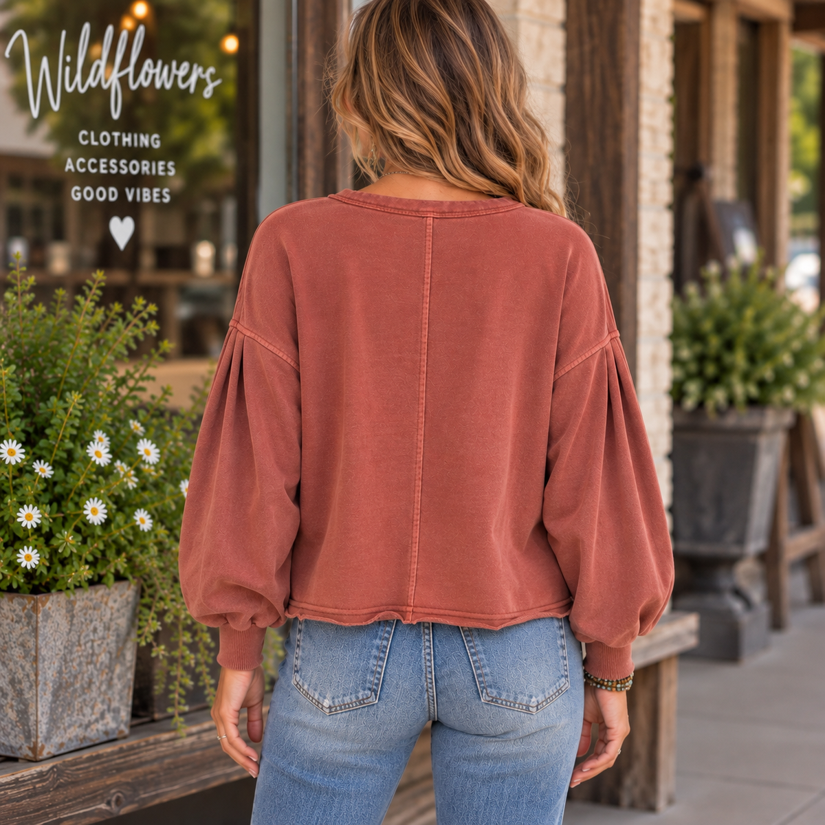Back view of our Brick & Ember Washed Pullover from Blu Pepper