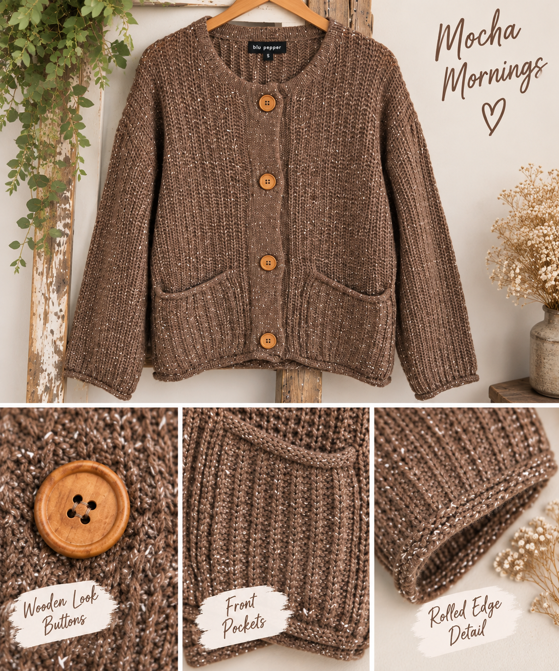 A brown chunky knit cardigan sweater hanging on a wooden hanger against a light wall, with decorative dried flowers and greenery in the scene. The main panel shows the cardigan with four wooden buttons and front pockets.
