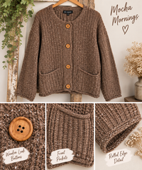 A brown chunky knit cardigan sweater hanging on a wooden hanger against a light wall, with decorative dried flowers and greenery in the scene. The main panel shows the cardigan with four wooden buttons and front pockets.