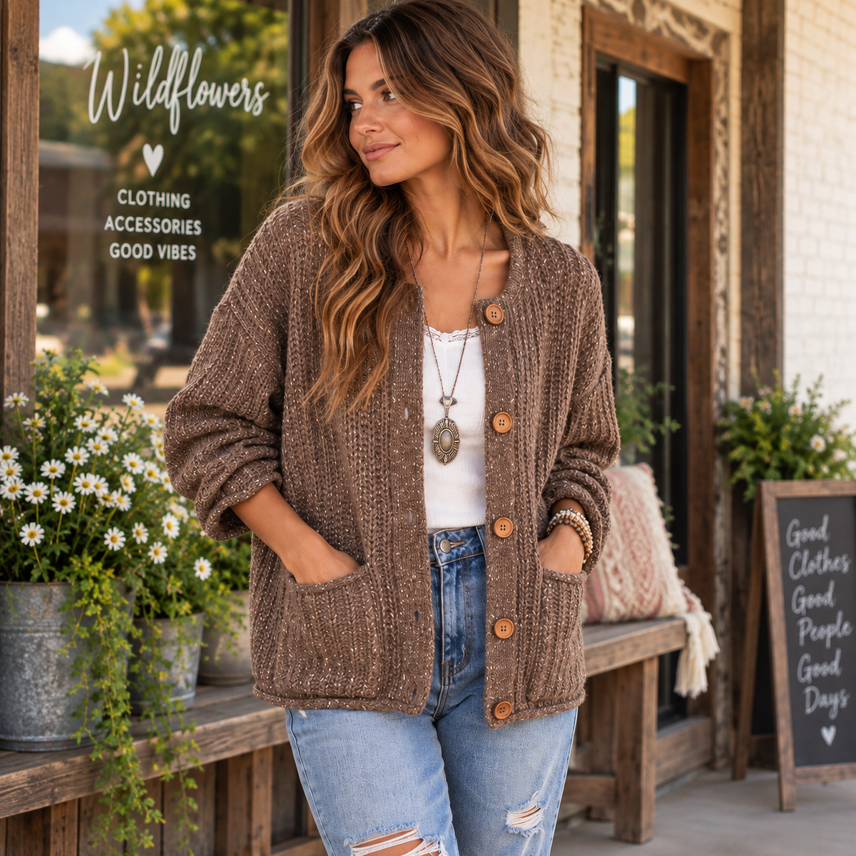 A woman stands on a storefront porch wearing a chunky brown knit cardigan with wooden buttons over a white top and light blue jeans. The cardigan has a textured cable-knit pattern and front pockets.