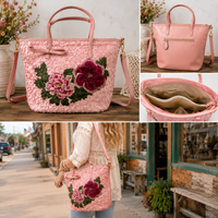 A pink quilted tote bag with large embroidered flowers on the front, shown in a collage with close-up views of the interior compartments and the bag being carried on a person in an outdoor storefront setting.