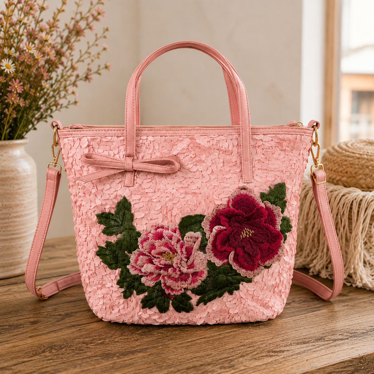 A pink textured leather handbag with embroidered floral details, featuring two top handles, a shoulder strap, and a bow on the front, displayed on a wooden surface.