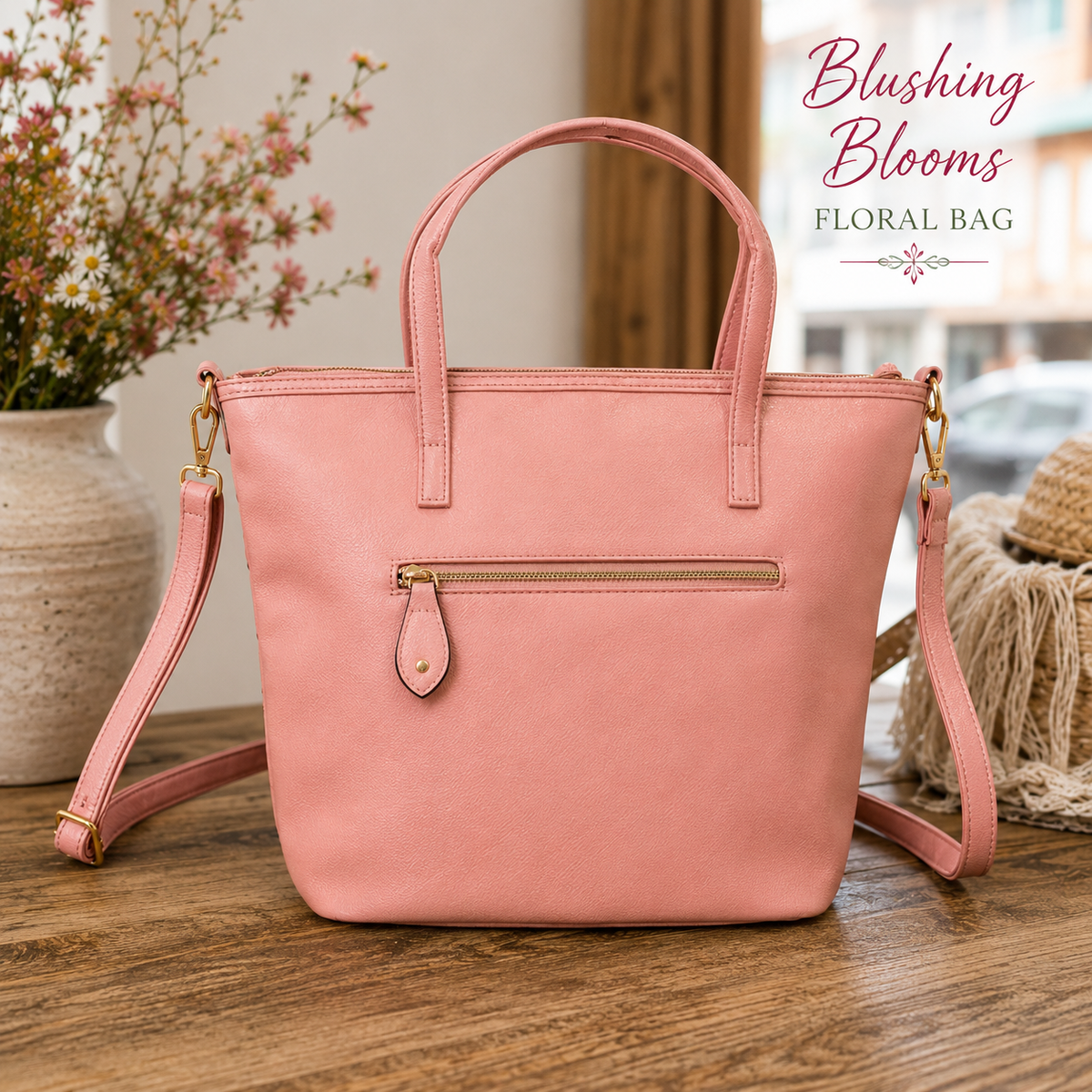 A dusty pink faux-leather tote bag with a front zip pocket and a matching shoulder strap, styled on a wooden table with a vase of flowers and a straw hat in the background. The text 'Blushing Blooms FLORAL BAG' is visible in the top right corner.