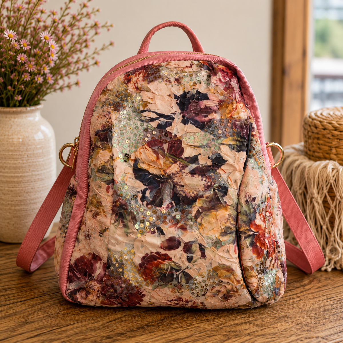 A small backpack with a pink leather trim and handle, featuring a vintage floral print with sequins on the front, displayed on a wooden table next to a vase of flowers.