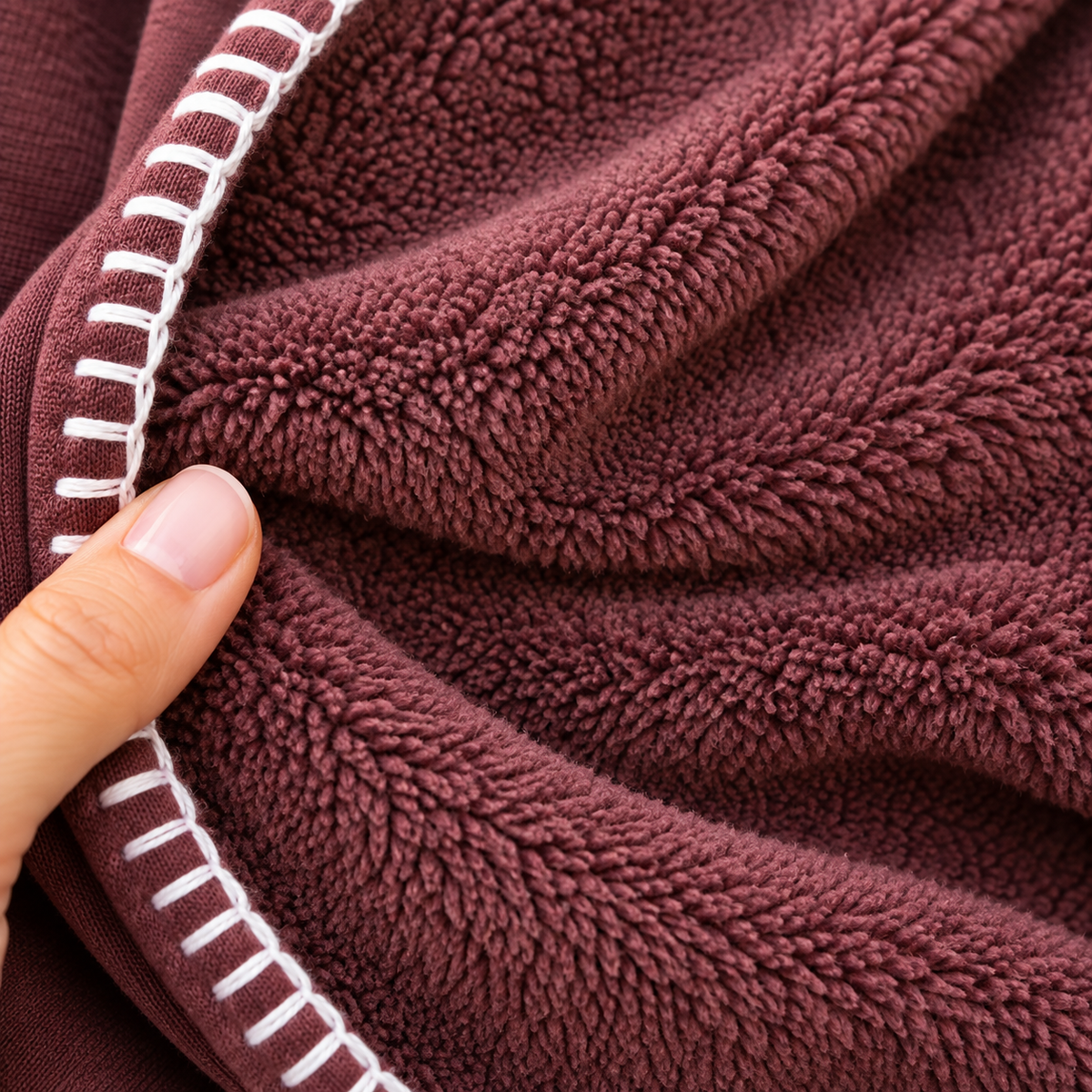 Close-up of a plush sherpa lined hoodie in a deep burgundy color, showing the soft texture and a white contrast stitched edge, with a finger pointing to the fabric.