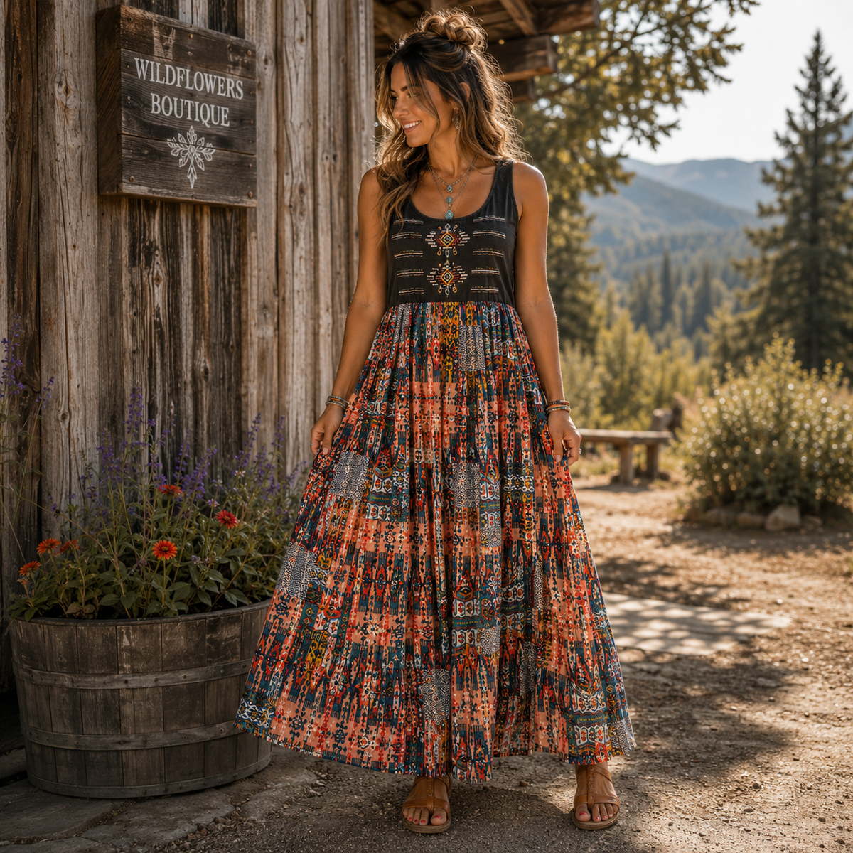 A woman stands outdoors in front of a rustic wooden building, wearing a sleeveless boho maxi dress with a black embroidered bodice and a colorful patchwork skirt in orange, red, blue, and beige tones. A wooden sign on the wall reads 'WILDFLOWERS BOUTIQUE'.