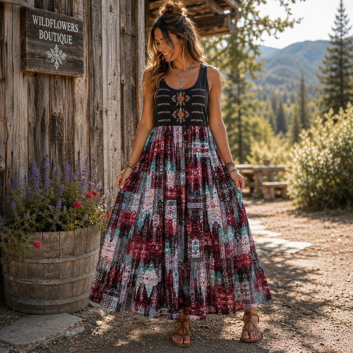 A woman stands outdoors in front of a rustic wooden building, wearing a sleeveless bohemian maxi dress with a dark patterned bodice and a flowing multicolor skirt with red, teal, and white geometric motifs. She is wearing brown leather sandals.