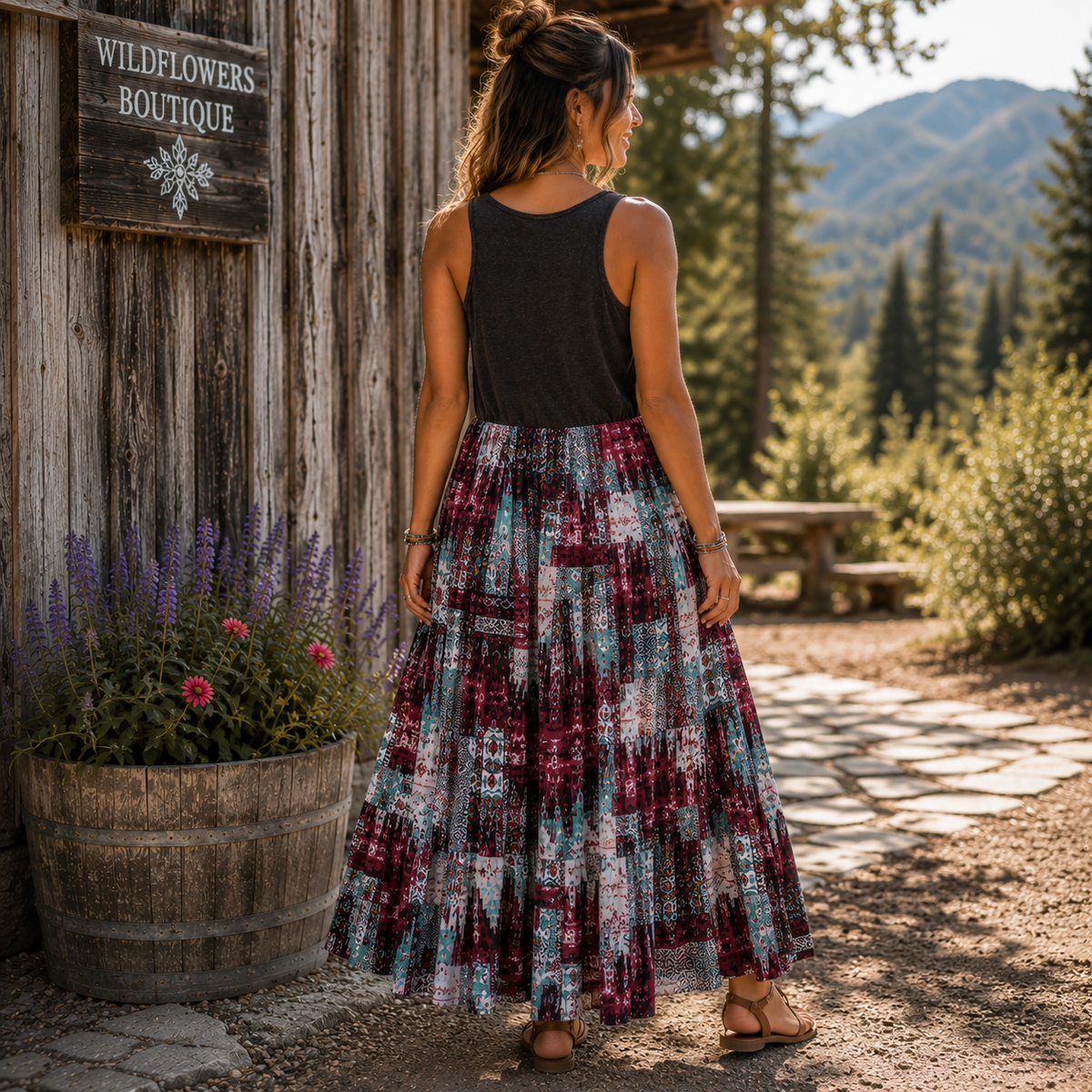 A woman stands outdoors in front of a rustic wooden building, shown from the back. She is wearing a sleeveless black top and a long pleated maxi skirt with a multicolor abstract print in burgundy, teal, and cream.