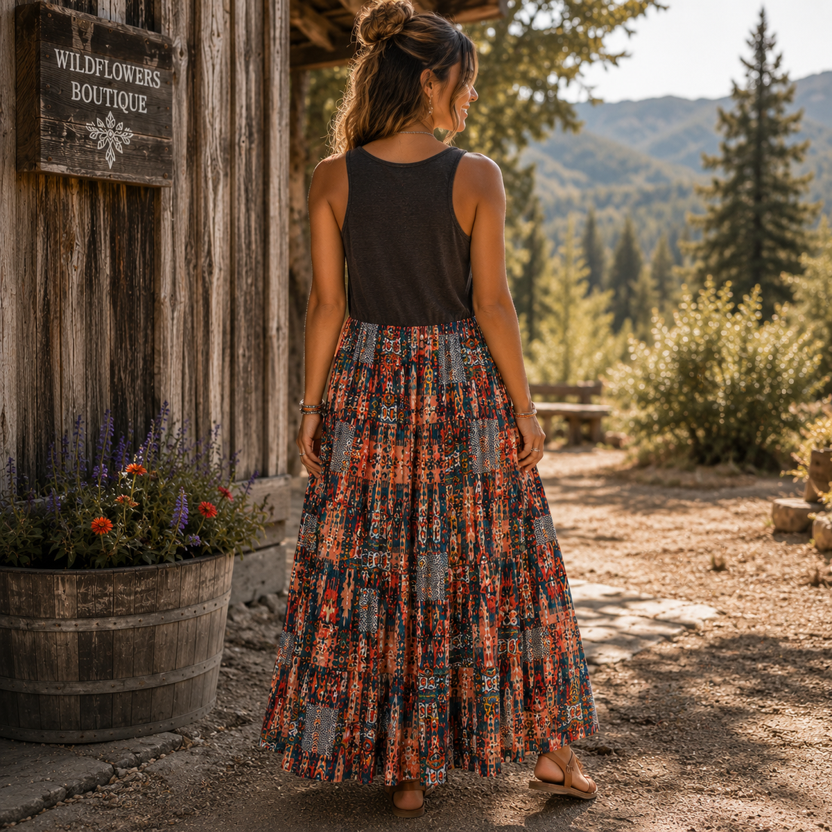 A woman stands outdoors in front of a rustic wooden building, shown from the back. She is wearing a sleeveless black top and a long, pleated maxi skirt with a dense multicolor floral and abstract print in red, orange, blue, and gray tones.