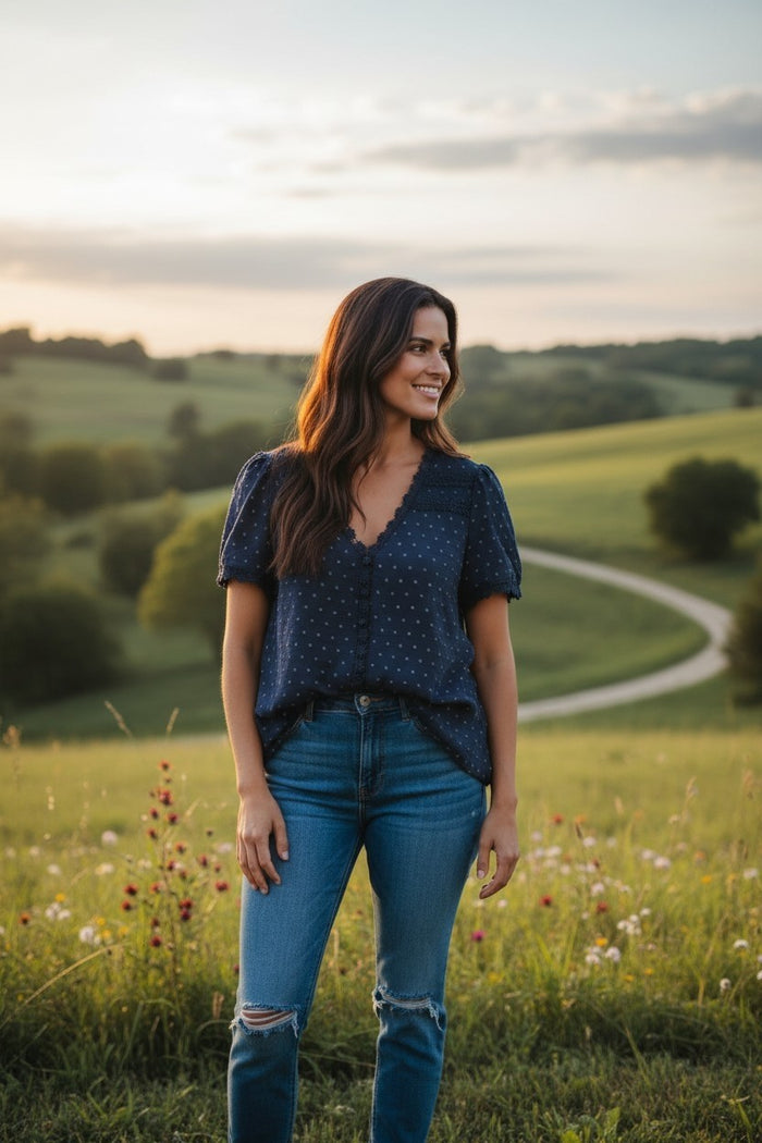 Delicate Swiss Dot Lace Trim Shirt