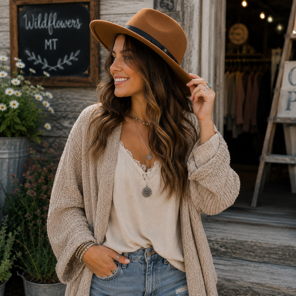 A woman wearing a brown wide-brim hat, a beige knit cardigan, a cream lace-trim top, and blue jeans stands in front of a rustic storefront with a chalkboard sign reading 'Wildflowers MT'.
