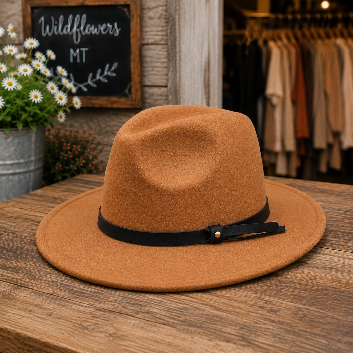 A camel brown felt fedora hat with a black ribbon band and a small gold button, displayed on a rustic wooden table in a shop setting.