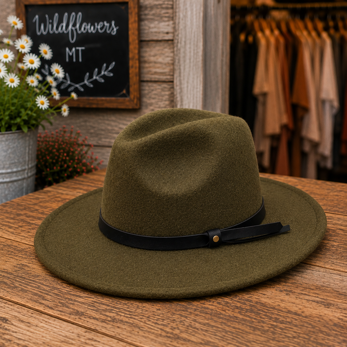 An olive green felt wide-brim hat with a black leather band, displayed on a rustic wooden table in a boutique setting.