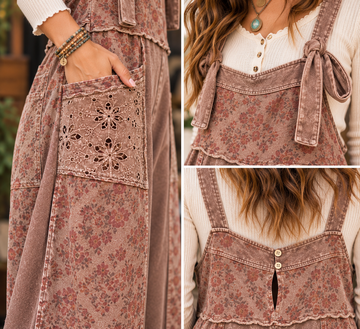 A three-panel collage showing a dusty rose floral overall dress with a lace pocket detail, worn by a model. The left panel shows a close-up of the side pocket with a hand inside, while the right panels show the front chest and button closure details.