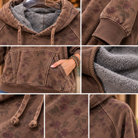 A 7-panel collage showing close-up details of a brown hooded sweatshirt with a floral print and gray fleece lining. Panels include the full hoodie on a hanger, the sleeve cuff, the front pocket with a hand in the pocket, the hood opening with drawstrings, the inner fleece lining, and close-ups of the fabric texture and floral pattern.