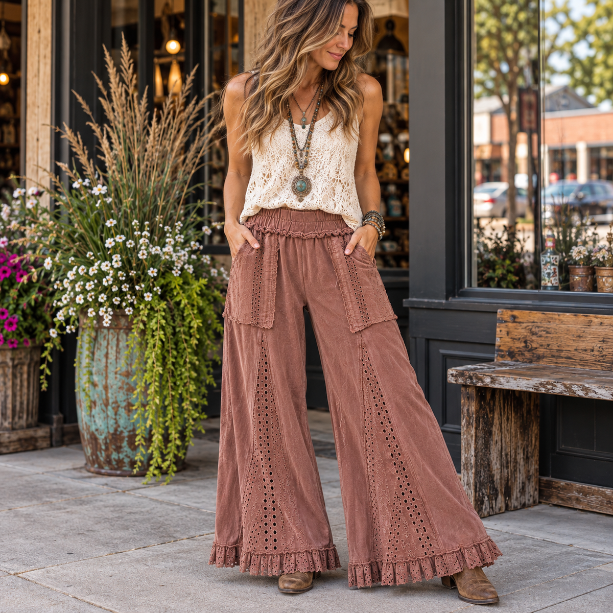 A woman stands on a storefront sidewalk wearing wide-leg mauve-brown eyelet pants with a ruffled hem, a cream sleeveless top, and brown boots. Large potted plants and a rustic bench are visible beside the shop window.