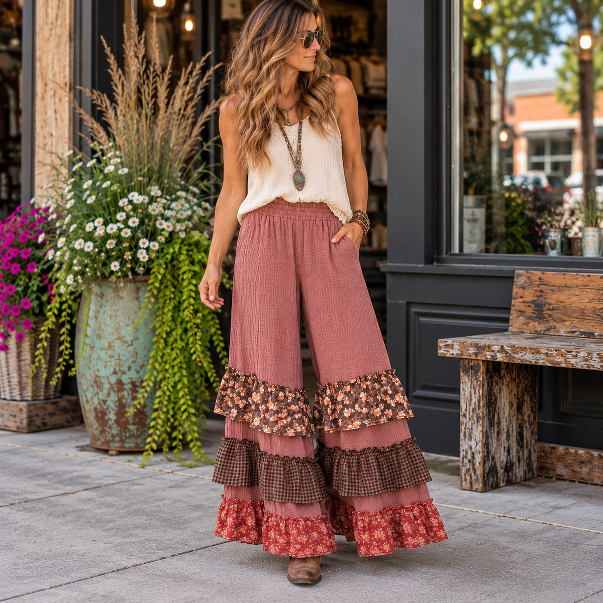 A woman stands on a sidewalk in front of a storefront, wearing wide-leg pleated pants in dusty rose with layered floral and checkered ruffle hems, paired with a cream sleeveless top and brown boots.