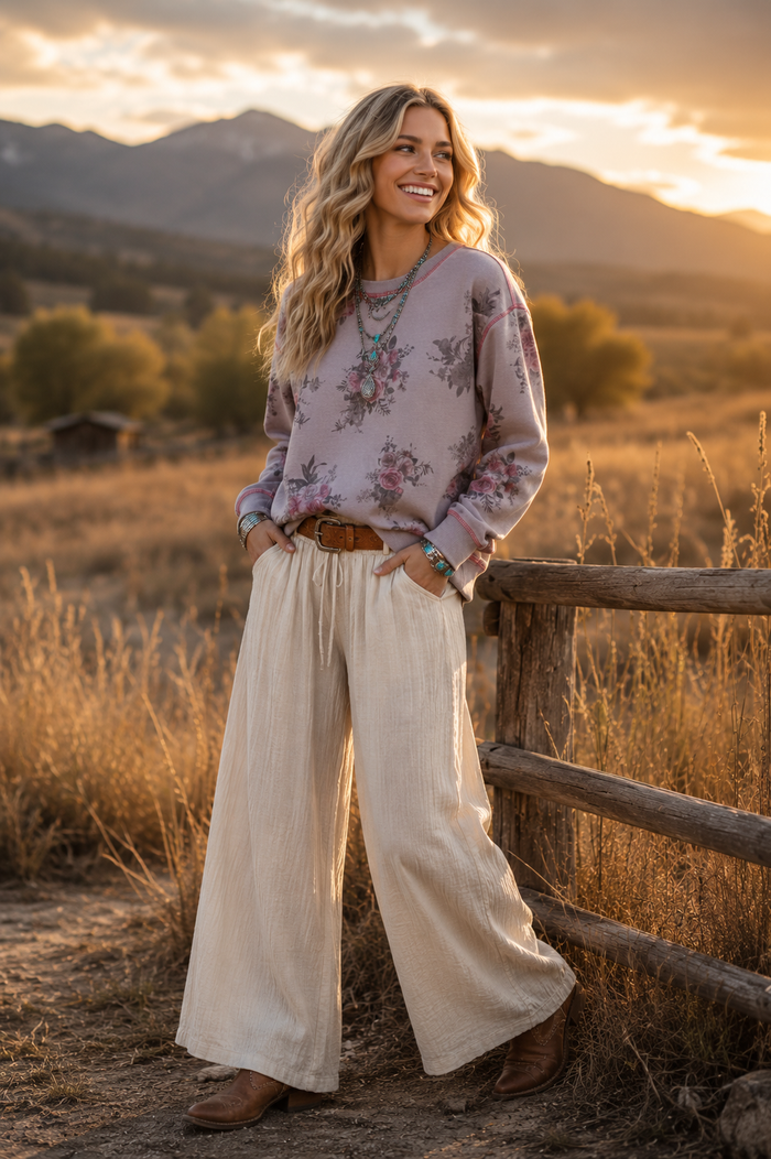A woman stands outdoors in a sunlit field with mountains in the background, wearing a grey floral long-sleeve top, cream wide-leg pants, and brown boots.