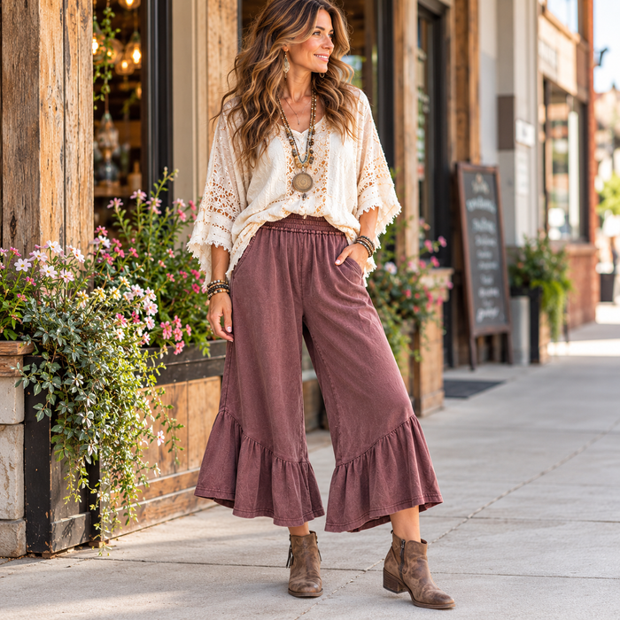Woman wearing a bohemian lace top with the ruffle bottom mineral washed pants by Easel in Mulberry