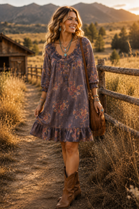 A woman stands on a dirt path in a rustic outdoor setting, wearing a loose floral midi dress in muted purple-gray with peach and pink floral print, brown boots, and carrying a brown shoulder bag.