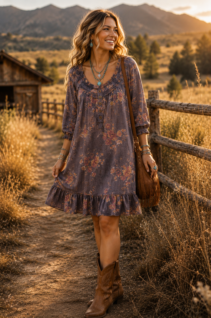 A woman stands on a dirt path in a rustic outdoor setting, wearing a loose floral midi dress in muted purple-gray with peach and pink floral print, brown boots, and carrying a brown shoulder bag.