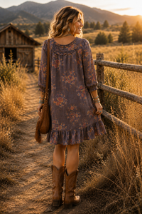 A woman stands on a dirt path in a rustic outdoor setting, wearing a knee-length floral dress with three-quarter sleeves and a ruffled hem, paired with brown cowboy boots and a brown shoulder bag.