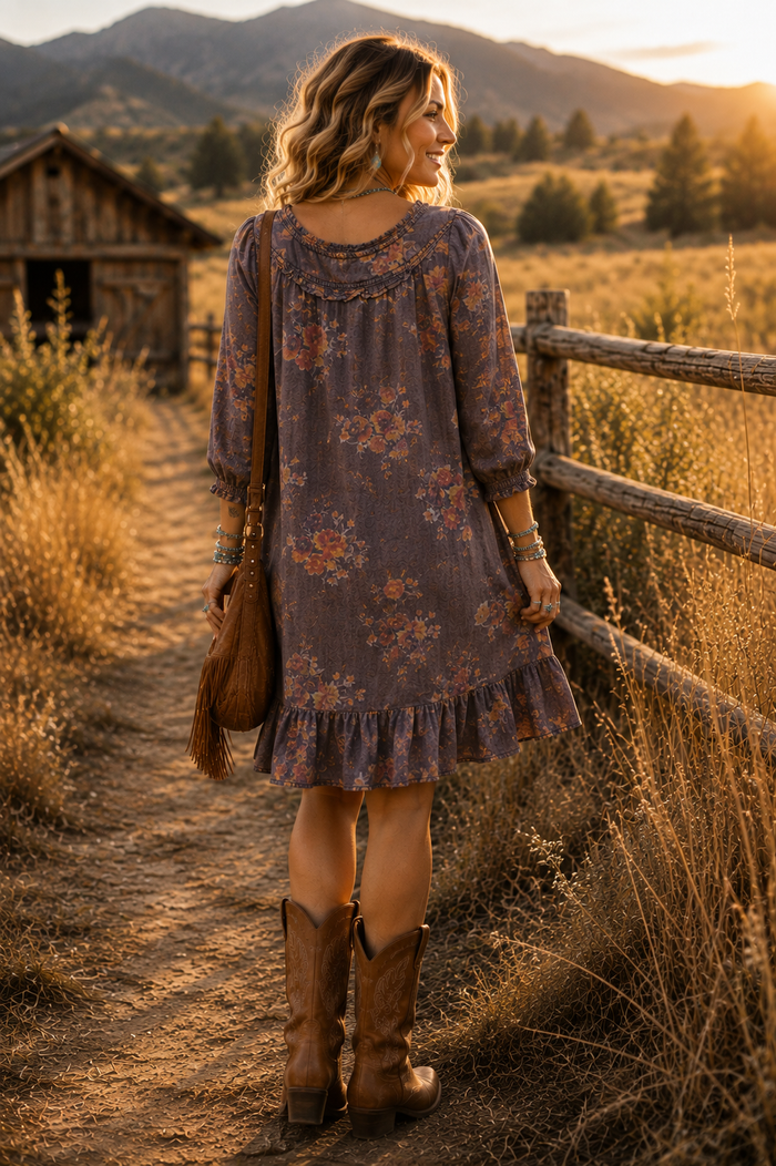 A woman stands on a dirt path in a rustic outdoor setting, wearing a knee-length floral dress with three-quarter sleeves and a ruffled hem, paired with brown cowboy boots and a brown shoulder bag.