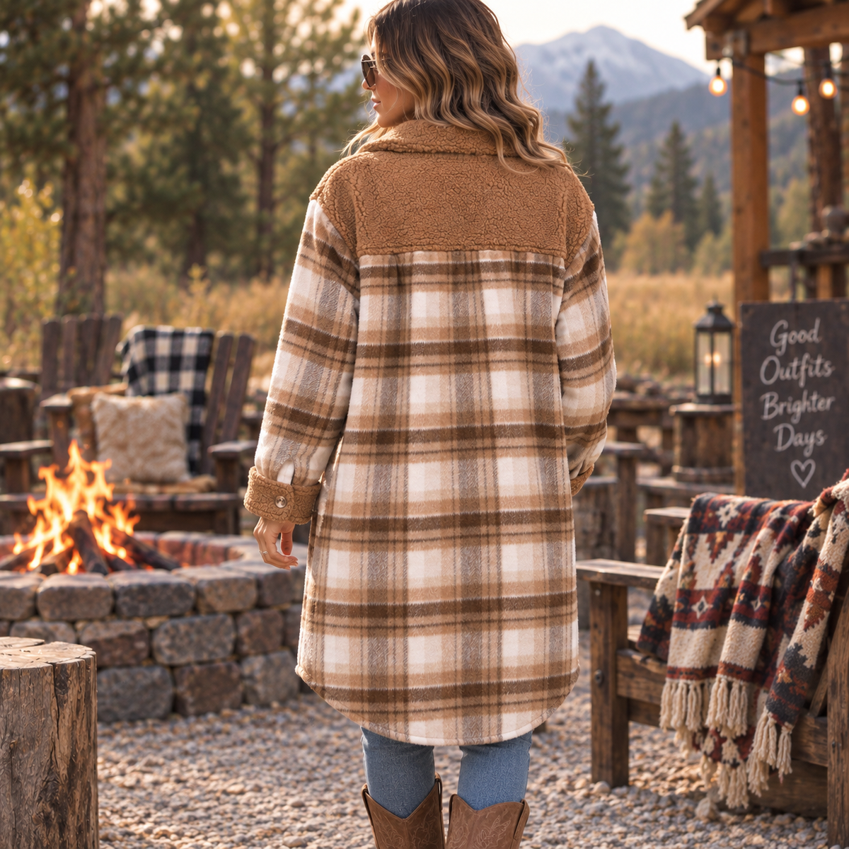 A woman stands with her back to the camera wearing a mid-length plaid fleece jacket with a brown sherpa collar, in an outdoor rustic campfire setting.