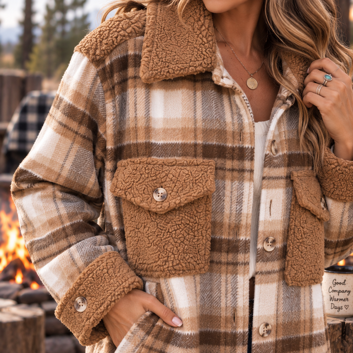 A close-up of a woman wearing a warm brown and beige plaid flannel jacket with a soft sherpa fleece lining. The jacket features a button-down front, a large chest pocket with a snap closure, and ribbed cuffs.