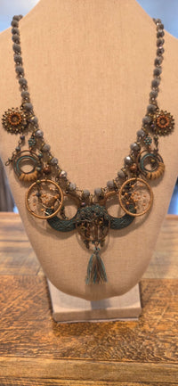 Handmade boho statement necklace with gray beads, turquoise accents and tassel