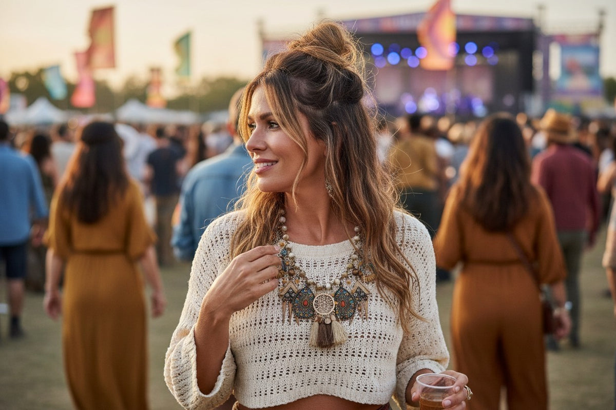 Woman wearing mixed charm boho statement necklace with cream crochet top