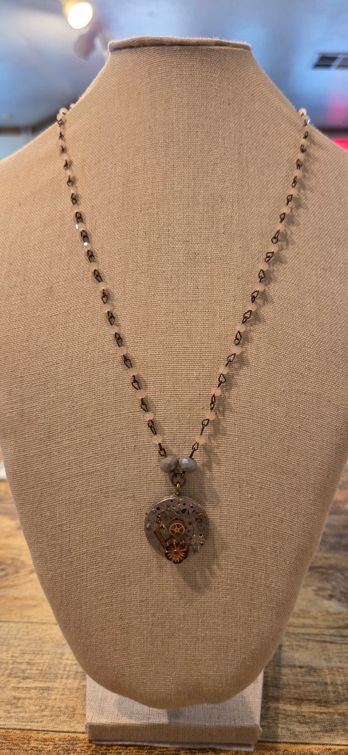 Handmade Timekeeper boho necklace with watch movement pendant and faceted beads