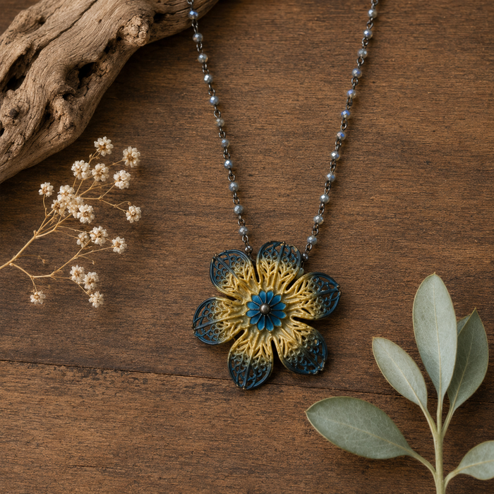 Blue and antique gold filigree flower pendant necklace detail