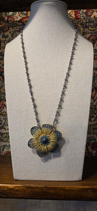 Handmade blue filigree flower pendant necklace by Gina's Originals